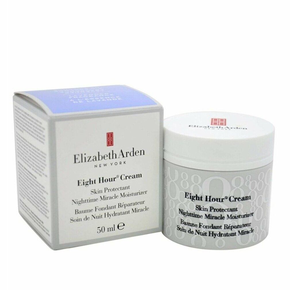 Creme-Tiegel und Schachtel. Aufschrift: Eight Hour Cream, Skin Protectant, Nighttime Miracle Moisturizer. Marke: Elizabeth Arden.