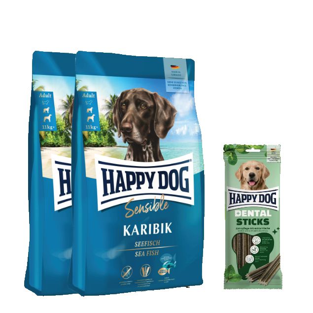 Happy Dog Sensible Karibik Doppelpack + Dental Sticks für Hunde 22,1 kg