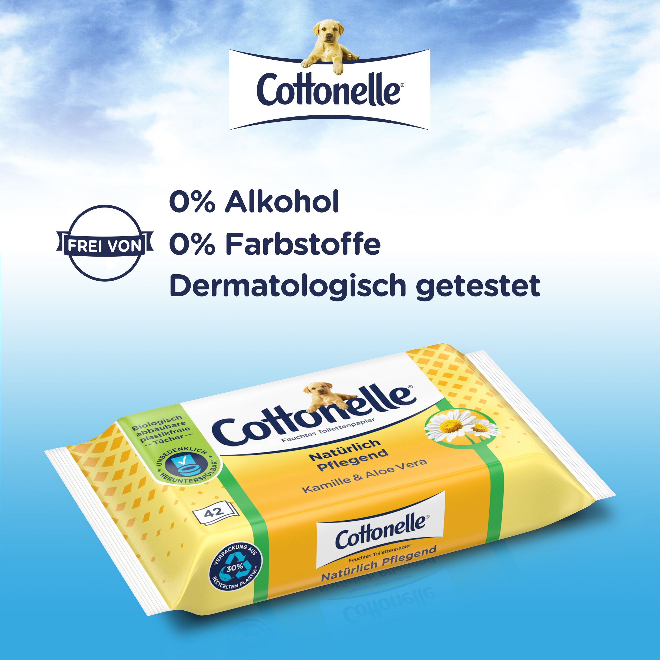 Cottonelle Feuchtes Toilettenpapier. 0% Alkohol, 0% Farbstoffe. Dermatologisch getestet. Verpackung mit Logo und Produktinformationen.