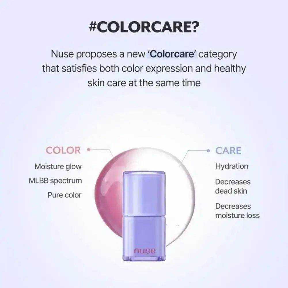 Infografik zu NUSE Care Liptual Lip Gloss. Produkt in Lila. Text: #COLORCARE? Farbe, Feuchtigkeit, Pflege.