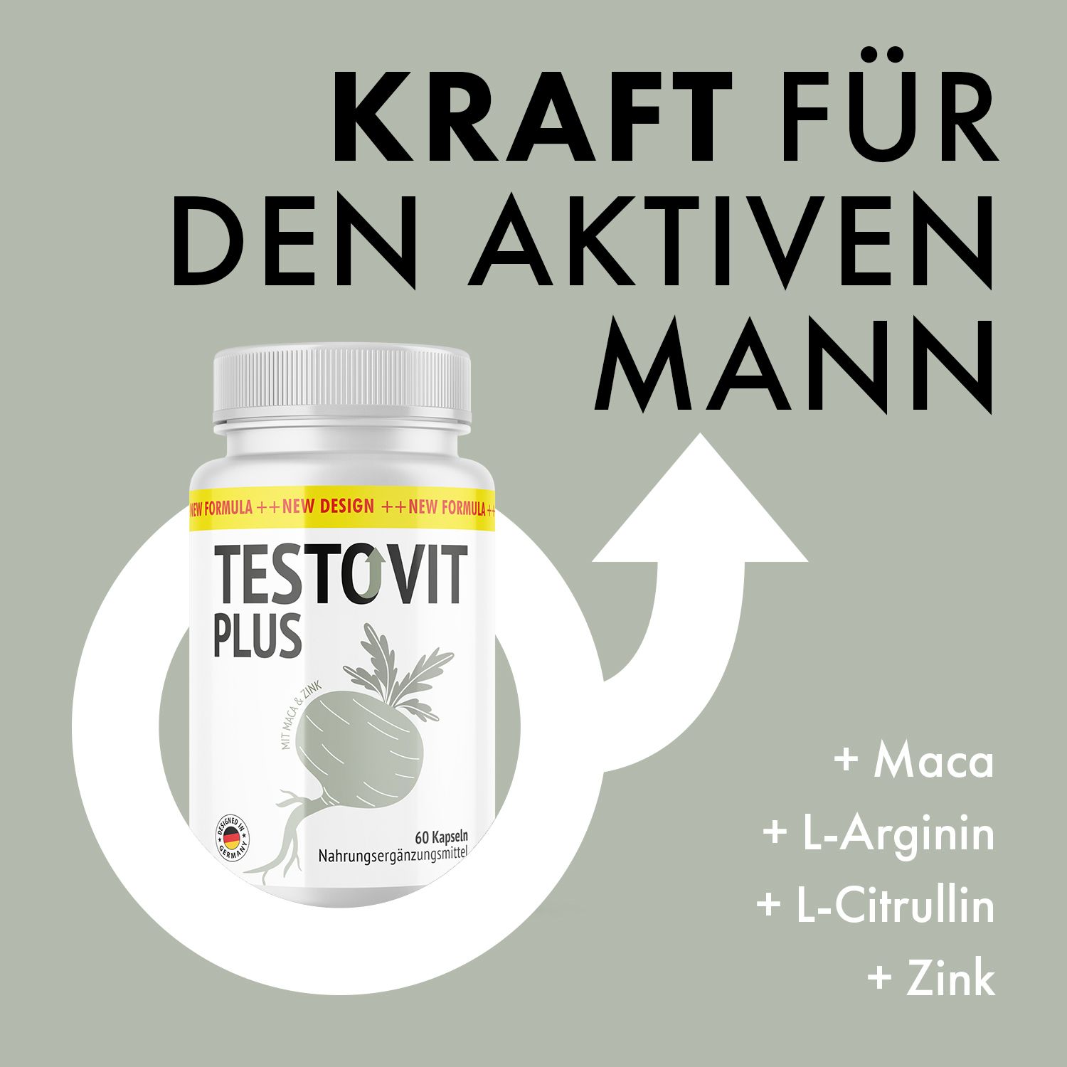 Flasche TESTOVIT PLUS. Text: KRAFT FÜR DEN AKTIVEN MANN. Inhaltsstoffe: Maca, L-Arginin, L-Citrullin, Zink. Männliches Symbol.