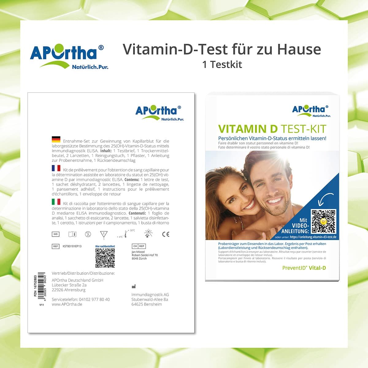 Rückseite der Verpackung des Vitamin-D-Test-Kits. Enthält Informationen in Deutsch, Französisch, Italienisch. CE-Kennzeichnung.
