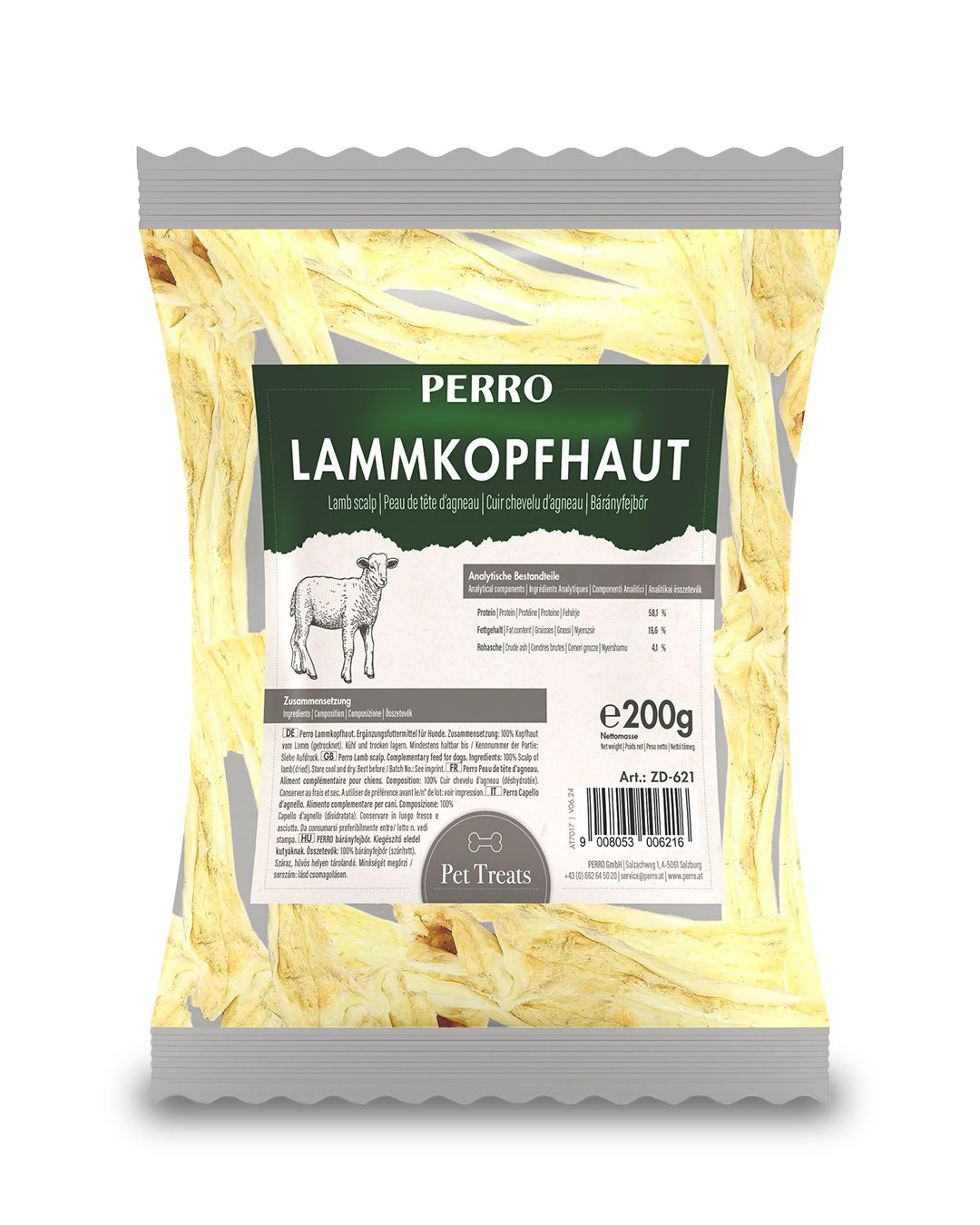 Verpackung mit PERRO Lammkopfhaut. Enthält getrocknete Lammhautstücke. Aufdrucke: Produktname, Nährwertangaben, Gewicht 200g, Barcode.