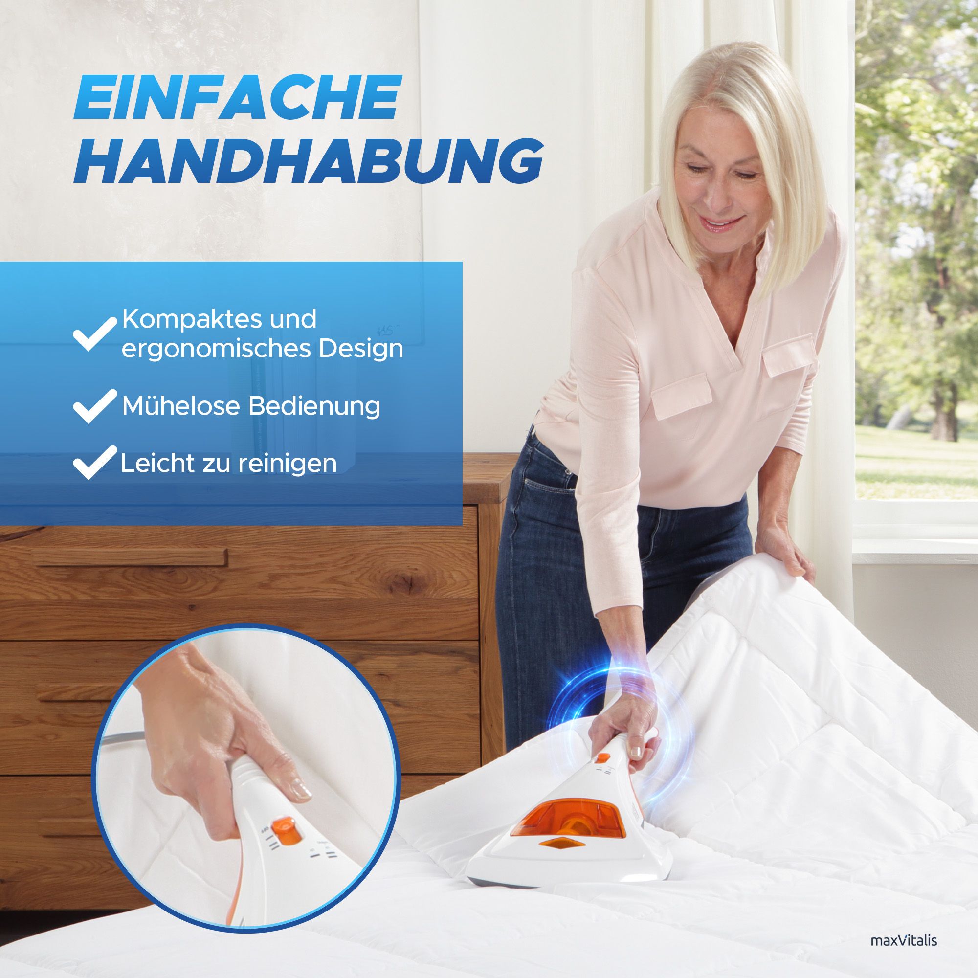 Frau mit Handstaubsauger. Text: Einfache Handhabung. Kompaktes Design. Mühelose Bedienung. Leicht zu reinigen.