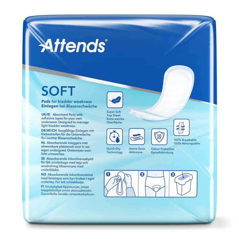 Attends Soft. Rückseite der Verpackung. Produktinformationen, Piktogramme und Anwendungsbeispiele. Mit Siegeln.