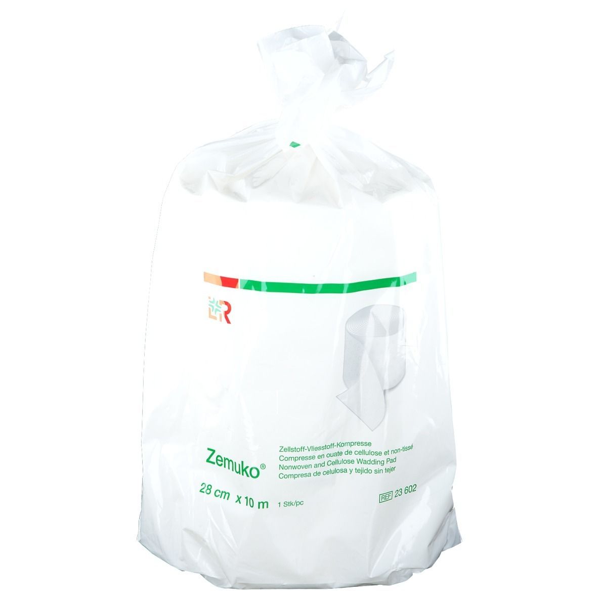 Verbandstoff-Kompresse in Plastikverpackung. Aufdruck: Zemuko, 28 cm x 10 m. Grün-rotes Logo. Text in Deutsch, Englisch, Französisch, Spanisch.