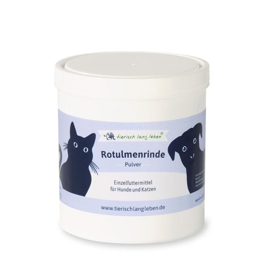 Weißer Behälter mit Deckel. Aufschrift: Rotulmenrinde Pulver. Illustrationen von Katze und Hund. Text: Einzelfuttermittel für Hunde und Katzen.