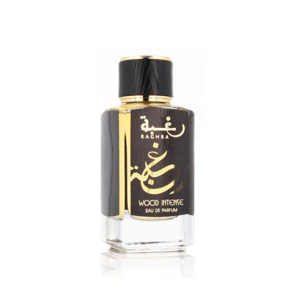 Parfümflasche. Auf der Flasche steht "RAGHBA WOOD INTENSE Eau de Parfum".