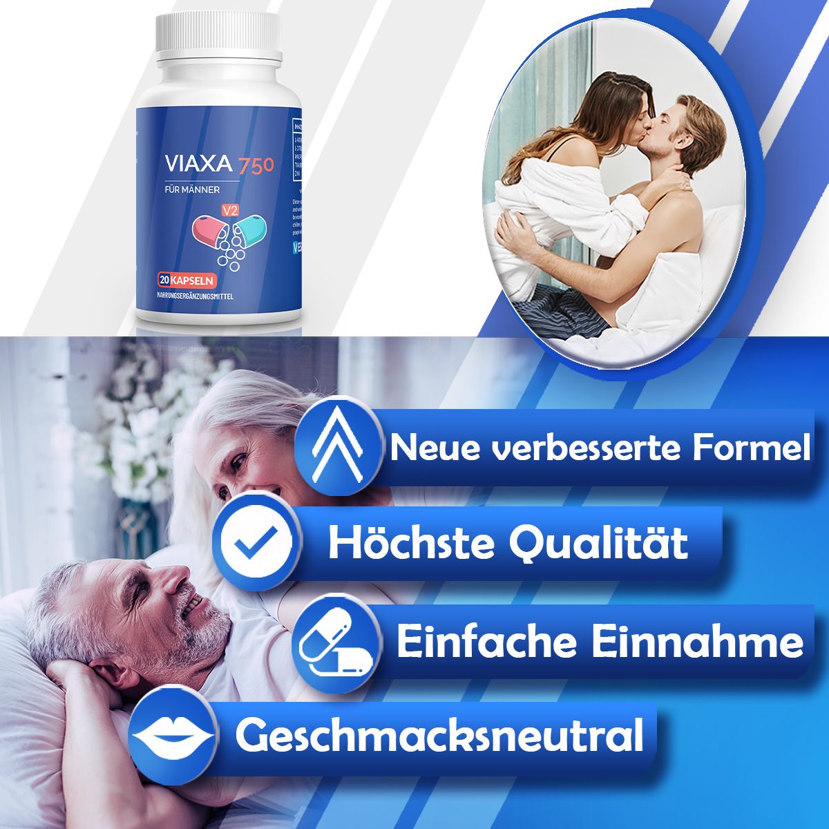 Flasche mit Viaxa 750 für Männer. Aufschrift: 20 Kapseln. Hintergrund: Paare, Text: Neue verbesserte Formel, Höchste Qualität, Einfache Einnahme.