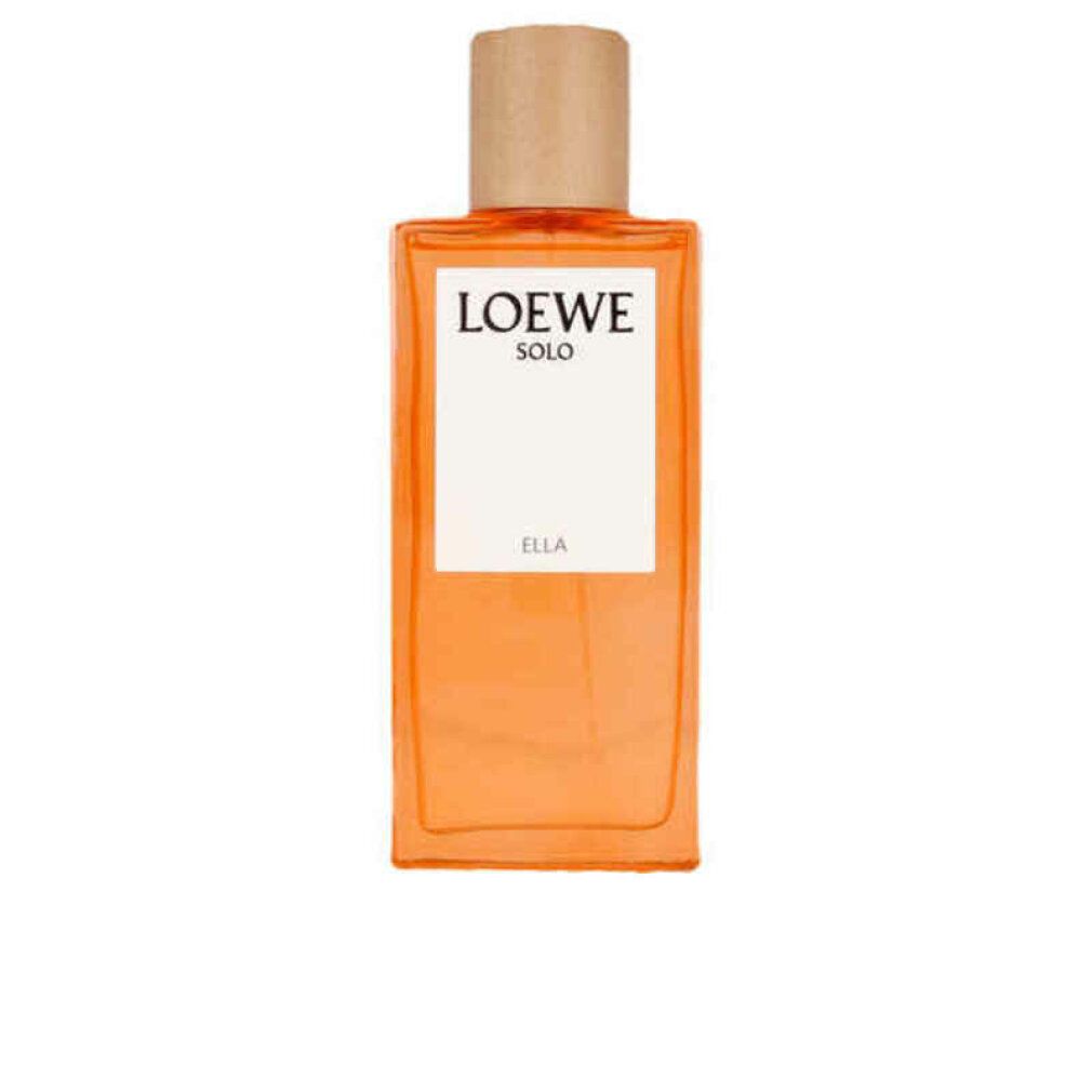 Loewe Solo Ella Eau de Parfum Spray. Rechteckiger Flakon mit Holzverschluss. Produktname und 'Ella' auf weißem Etikett sichtbar.