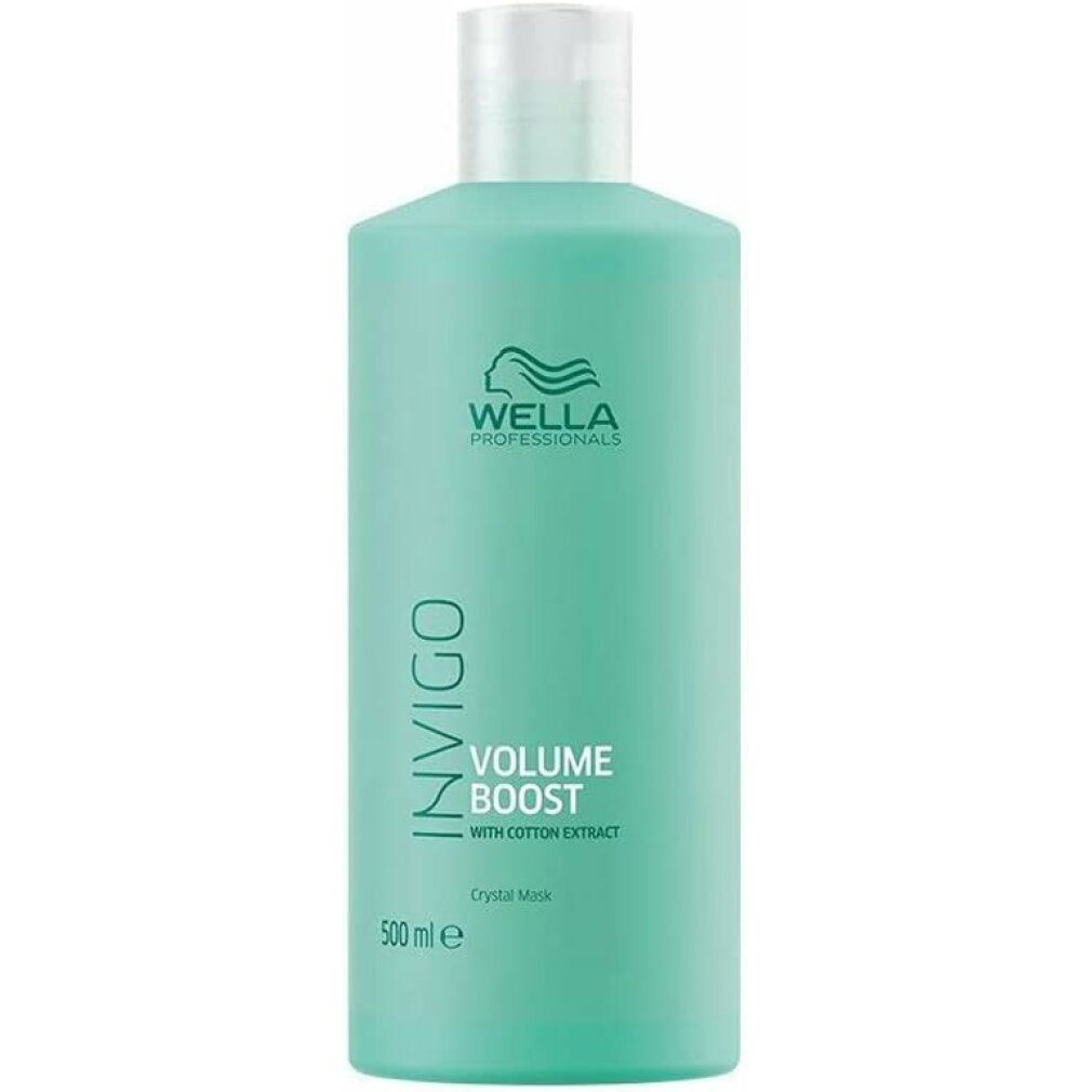 Türkisgrüne Flasche mit weißem Deckel. Aufschrift: Invigo, Volume Boost, Wella Professionals. Volumen: 500 ml.
