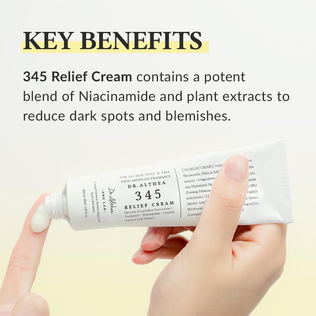 Hand drückt Creme aus Tube. Text: 345 Relief Cream enthält eine Mischung aus Niacinamid und Pflanzenextrakten.