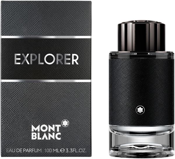 Schwarzer Flakon mit schwarzem Deckel und Verpackung. Auf der Verpackung steht "EXPLORER" und "MONTBLANC".