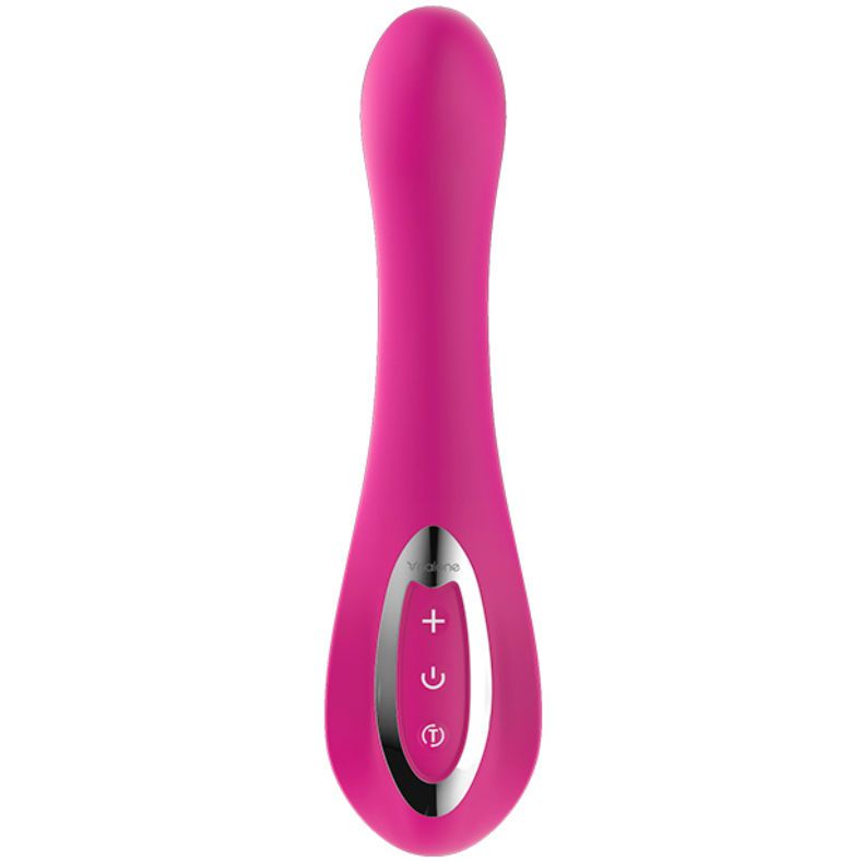 Pinkfarbener Vibrator, Draufsicht. Silberne Bedienelemente mit Plus- und Minuszeichen. Marke Nalone.