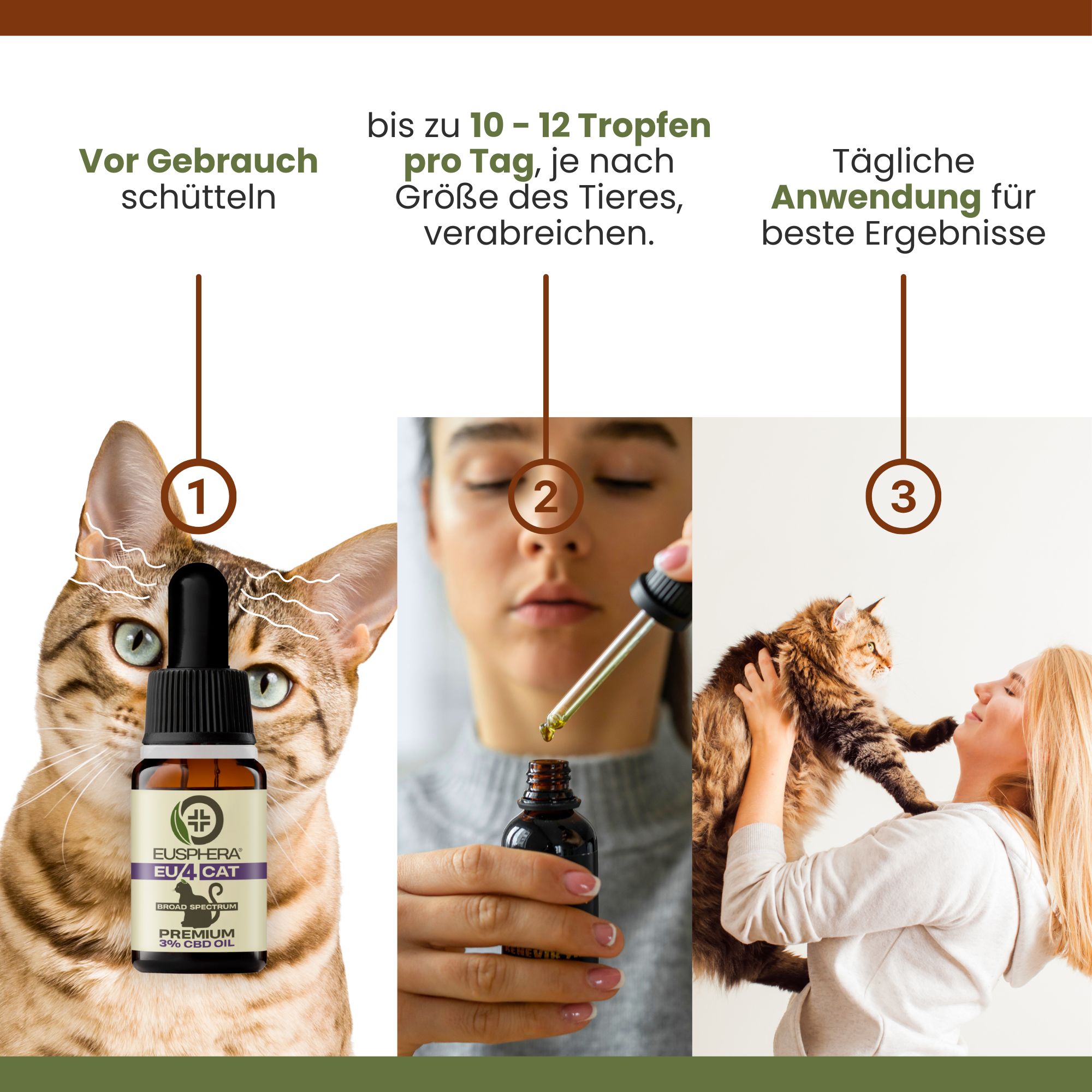 Drei Bilder. Katze mit Pipette, Frau mit Flasche, Frau mit Katze. Text: Vor Gebrauch schütteln, 10-12 Tropfen pro Tag.