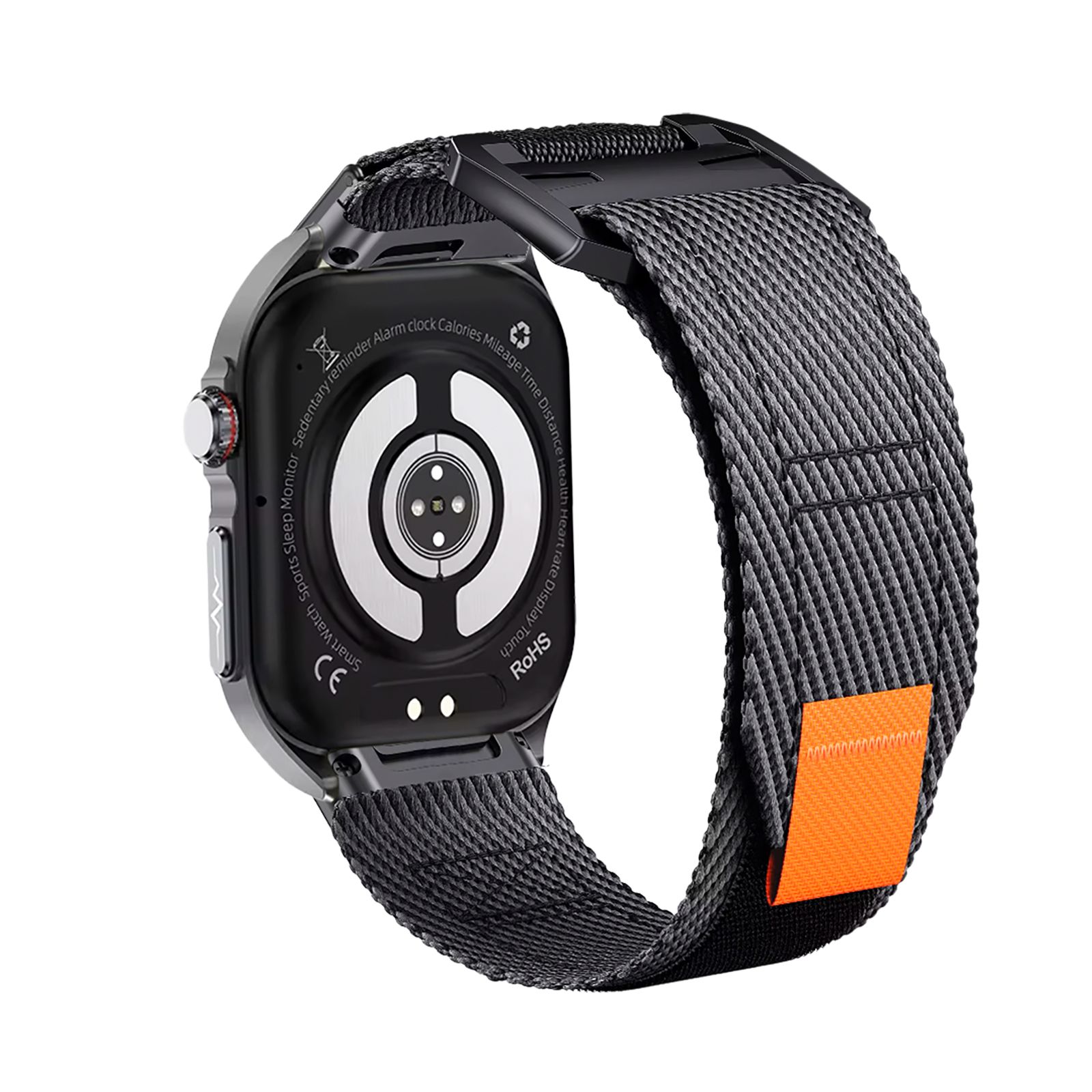 Rückseite einer Smartwatch mit Sensoren und CE/RoHS-Kennzeichnung. Schwarzes Stoffarmband mit orangefarbenem Detail.