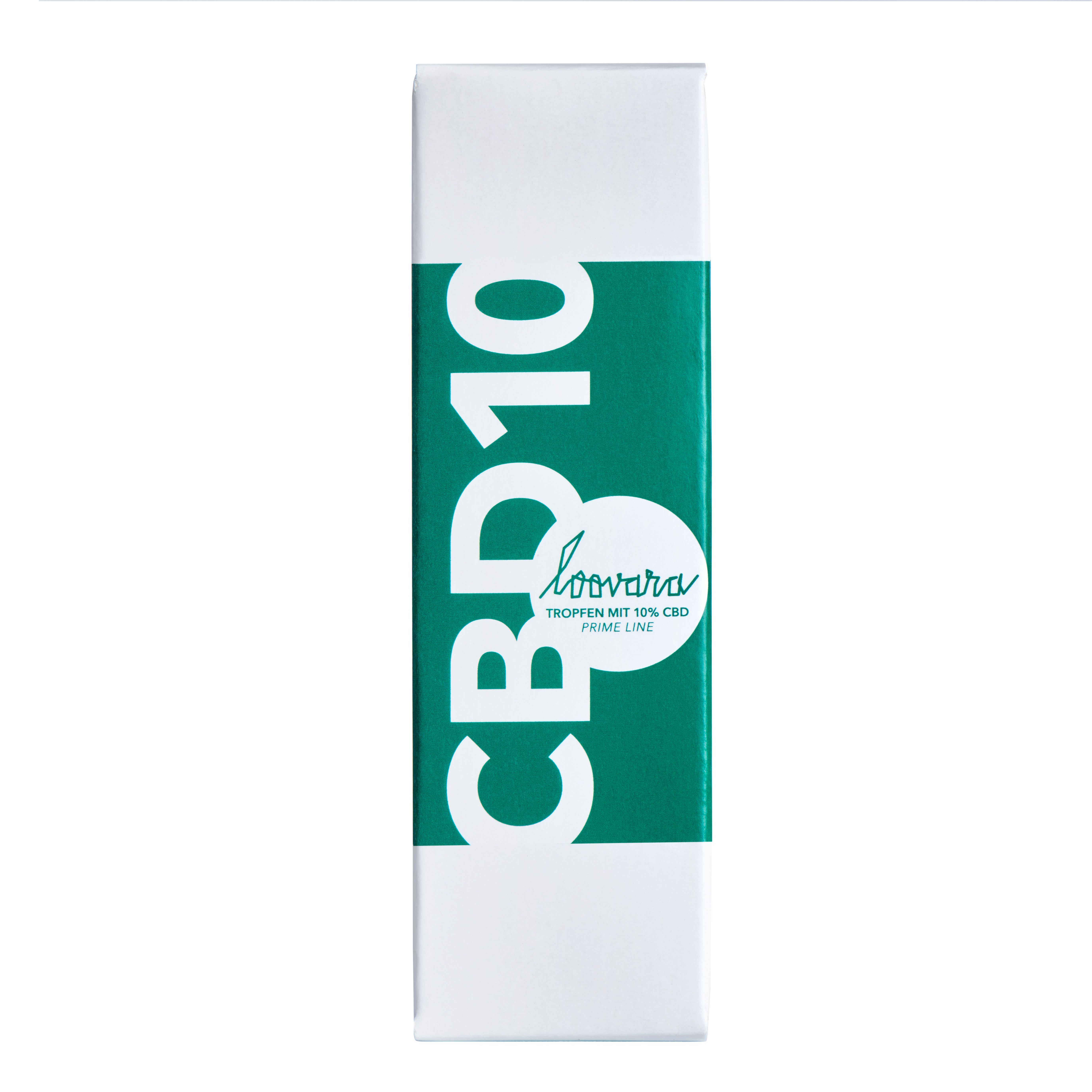 Weiße Verpackung mit grüner Beschriftung CBD10. Logo und Text auf der Verpackung.