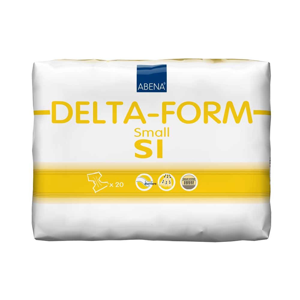 Abena Delta-Form S1. Weiße Verpackung mit gelber Schrift. Produktname und Logo. Packung mit 20 Stück. Zertifizierungen.
