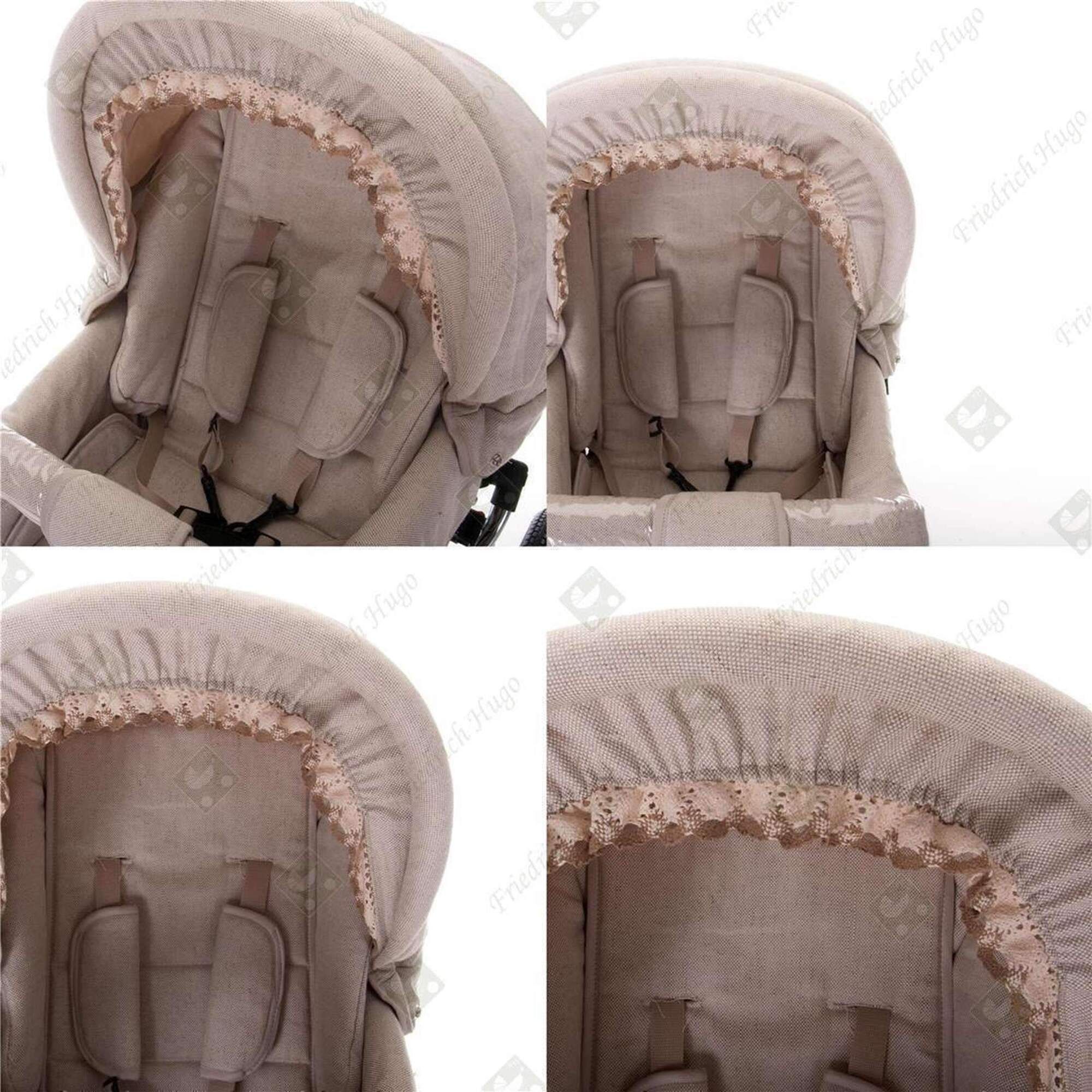 Nahaufnahmen von beigem Kinderwagen-Innenraum. Details: Sicherheitsgurte, Spitze. Nostalgie-Design.