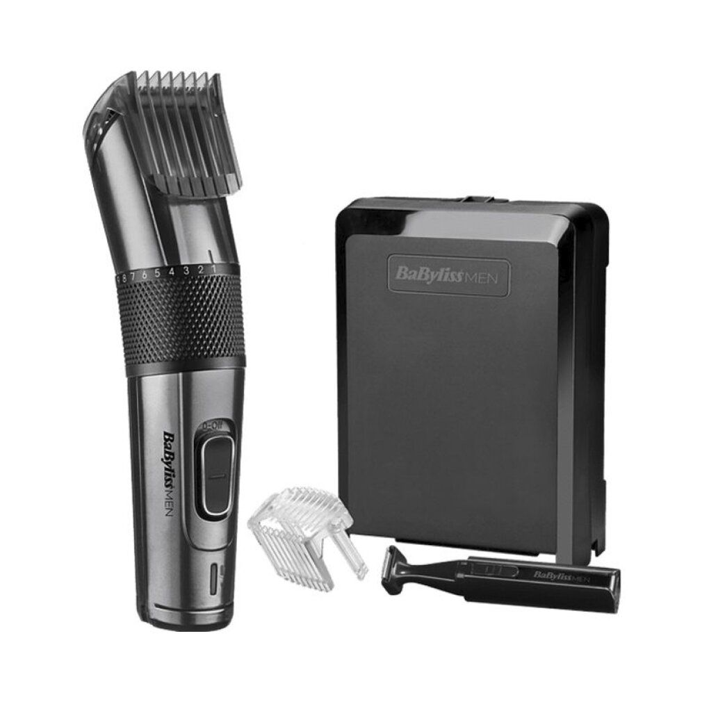 Haarschneider mit Aufsatz und Ladestation. Grau-schwarzes Gehäuse. BaByliss MEN Logo.