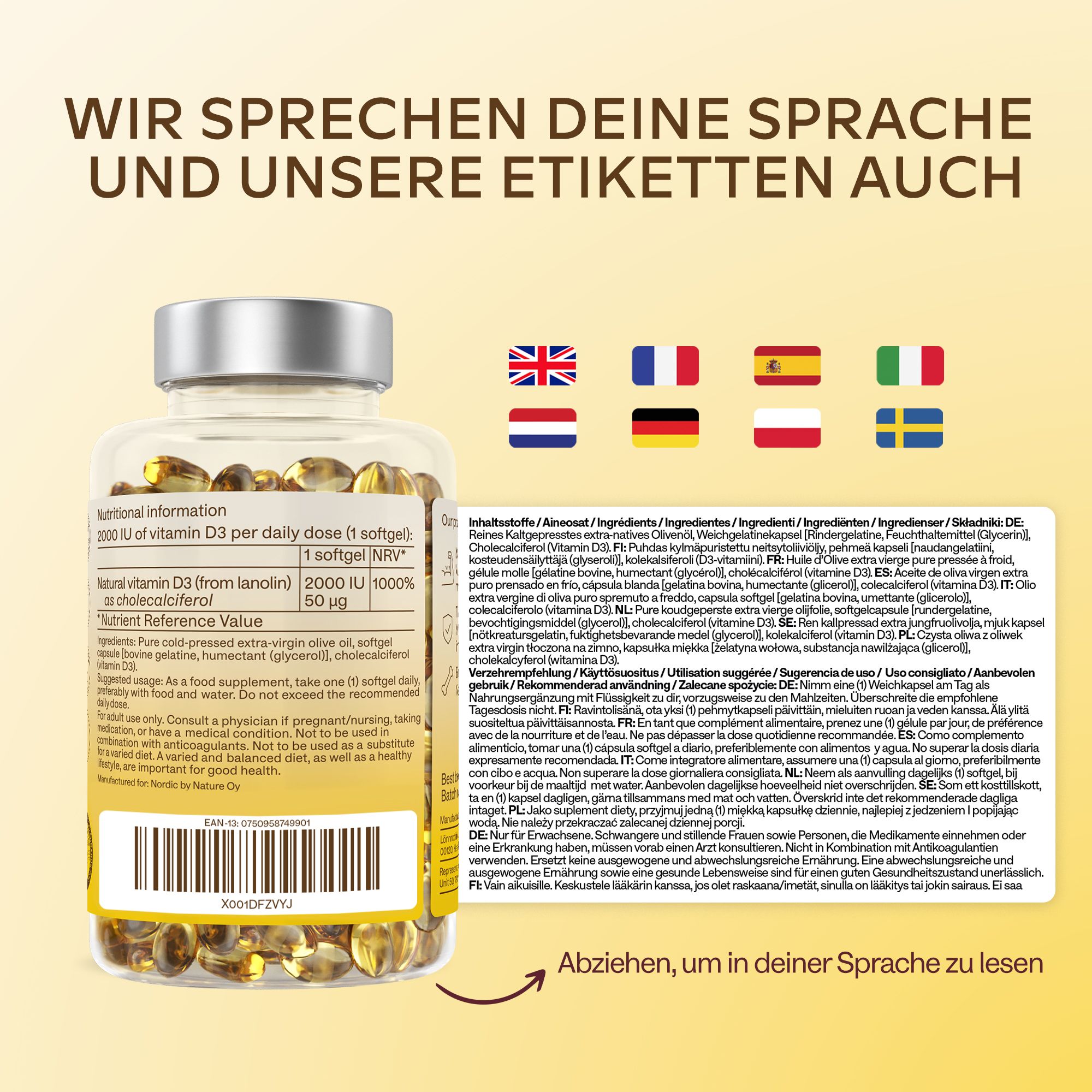 Vitamin D3 Flasche mit Etiketten in verschiedenen Sprachen. Enthält Informationen zu Inhaltsstoffen und Dosierung.