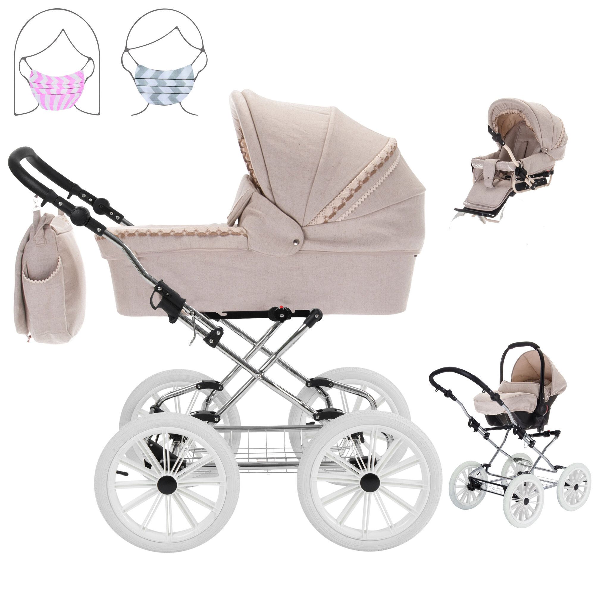 Beigefarbener Kinderwagen mit Zubehör. Enthält Tragetasche, Sportsitz und Babyschale. Vier Räder.