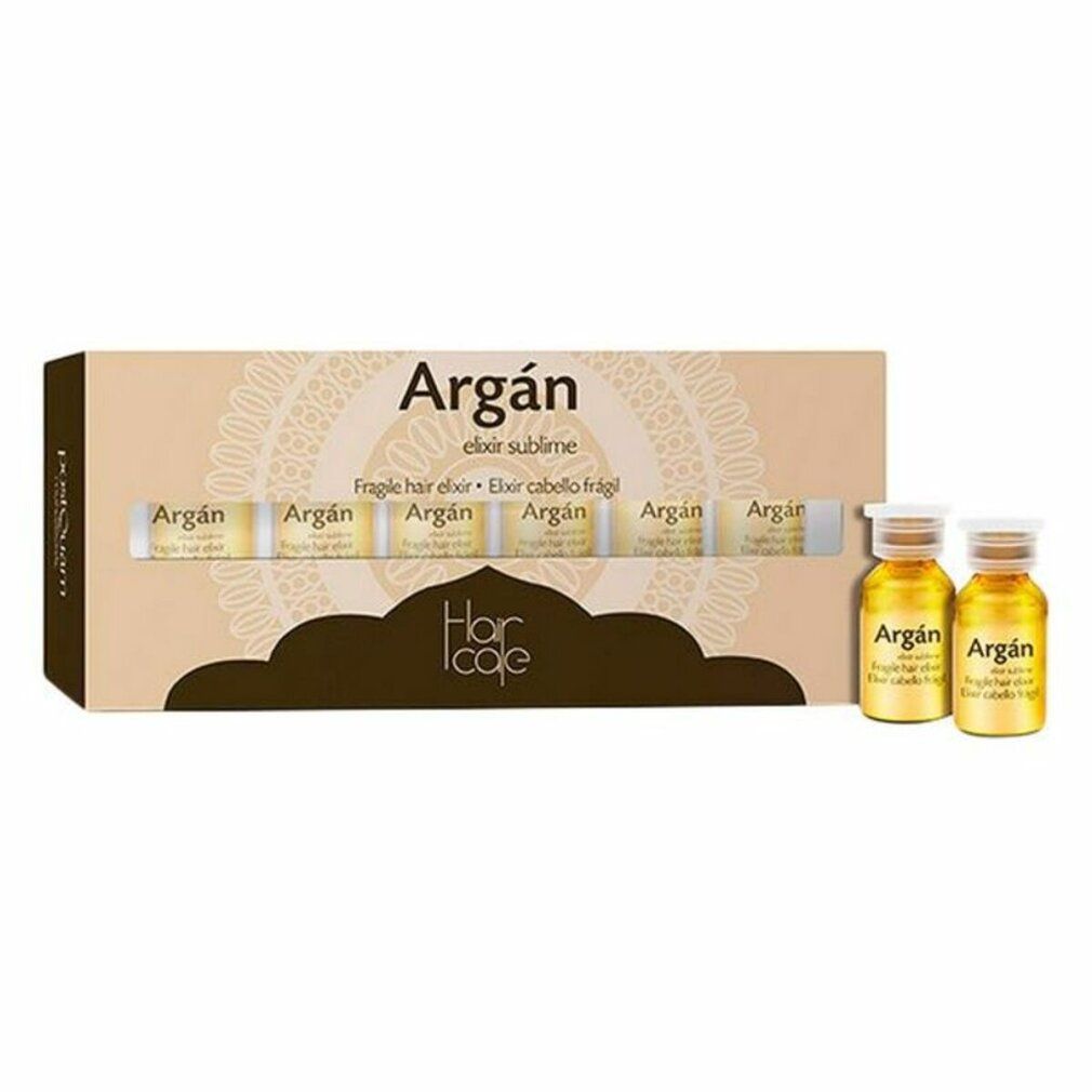 Kartonverpackung mit sechs kleinen Fläschchen und zwei separaten Fläschchen. Aufschrift: Argan, Elixir sublime. Marke: Hair cafe.