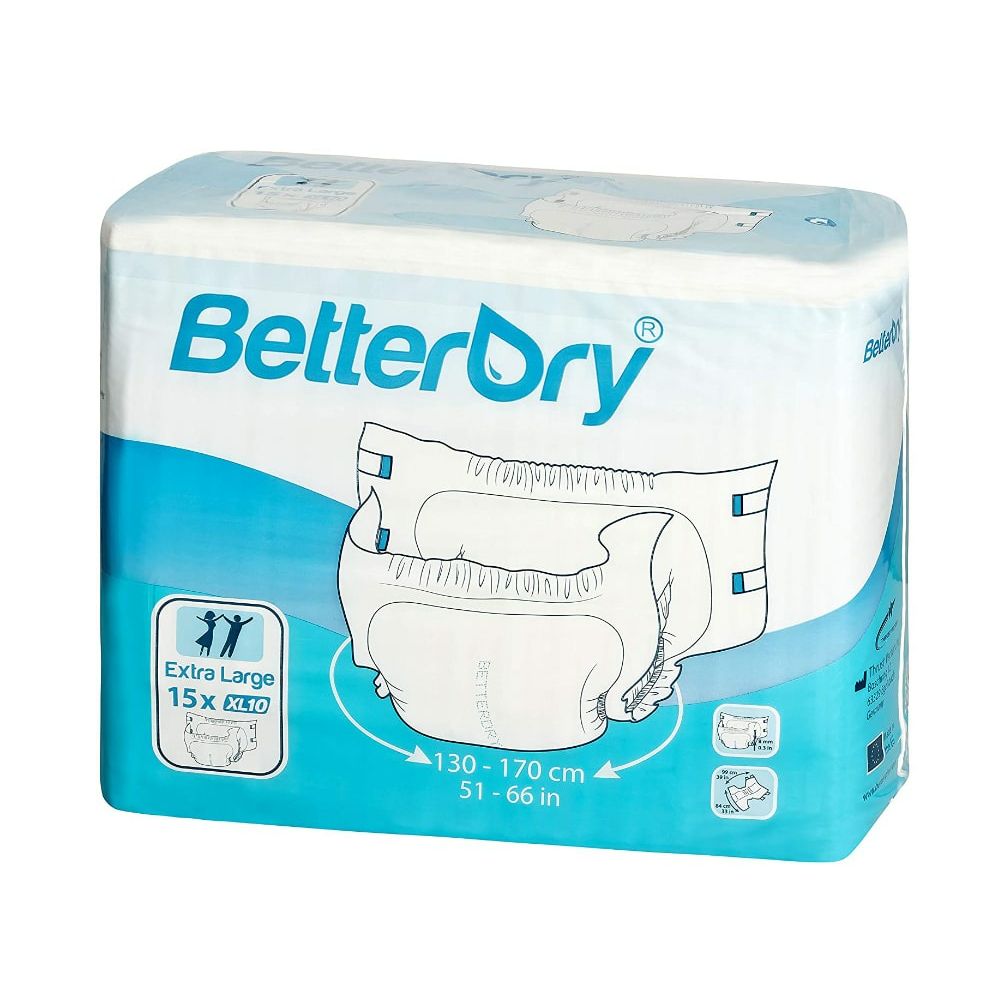 Verpackung mit BetterDry Inkontinenzwindeln. Extra Large, 15 Stück. Größenangabe: 130-170 cm, 51-66 in. Blau-weiße Verpackung.