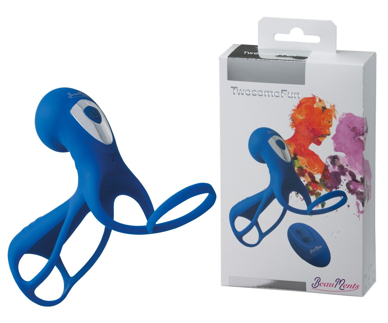 Produkt und Verpackung von BeauMents Twosome Fun blau. Blaues Produkt und ovale Fernbedienung.