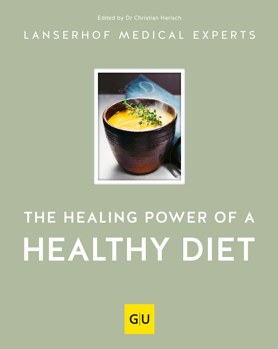 Buchcover mit Titel: The healing power of a healthy diet. Im Bild: Schüssel mit Suppe, Dampf, Kräuter. Herausgeber: GU.