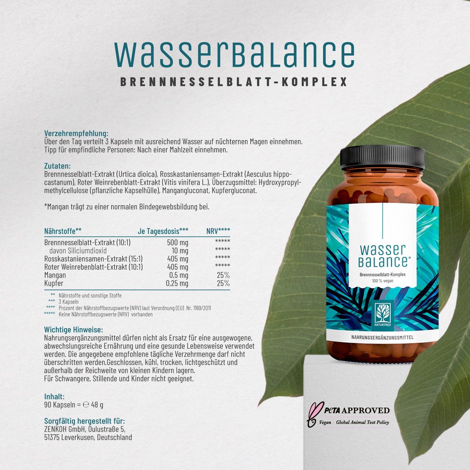 Braune Flasche mit WASSERBALANCE-Etikett. Enthält: Brennnessel, Rosskastanie, Weinrebe, Mangan, Kupfer. PETA-Logo. Text: 90 Kapseln = 48 g.