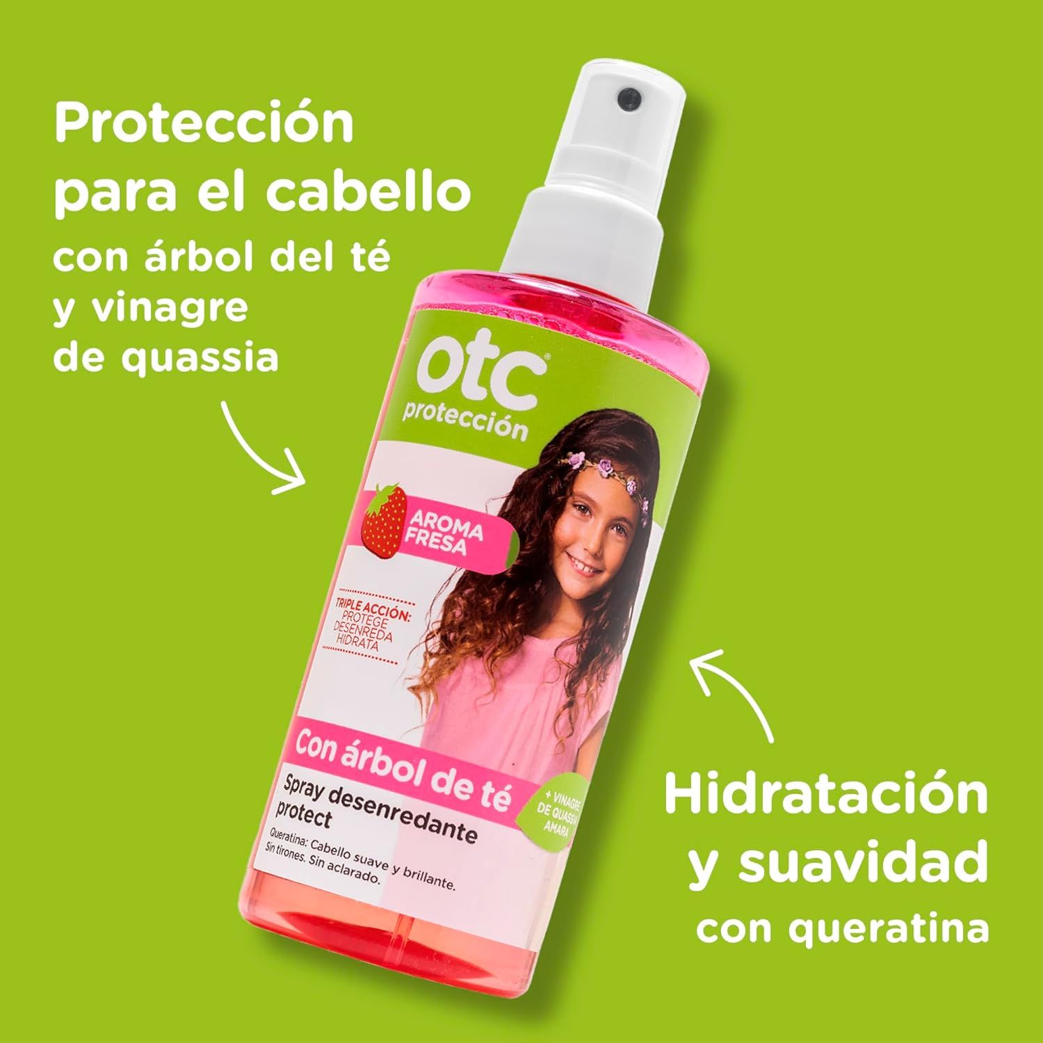 Rosa Flasche mit Sprühkopf. OTC-Produkt mit Erdbeerduft. Text: Con árbol de té. Spray desenredante protect. Für das Haar mit Teebaumöl und Quassia-Essig.