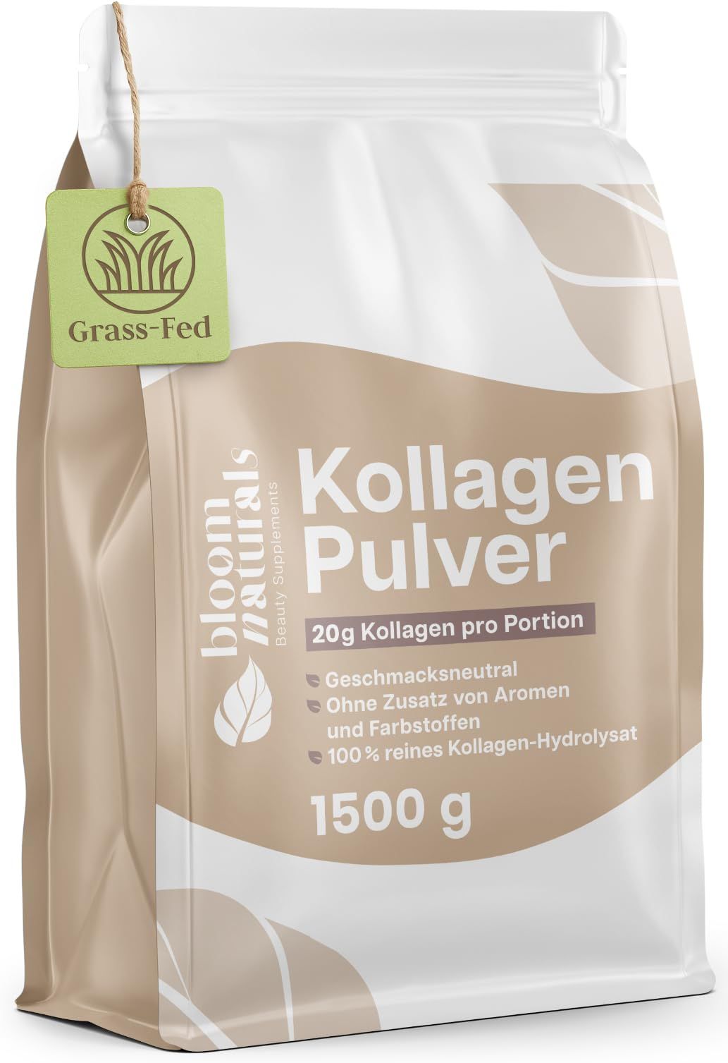 Beutel mit Kollagen Pulver. Aufschrift: Bloom Naturals, Kollagen Pulver, 1500 g, Grass-Fed-Zertifizierung.