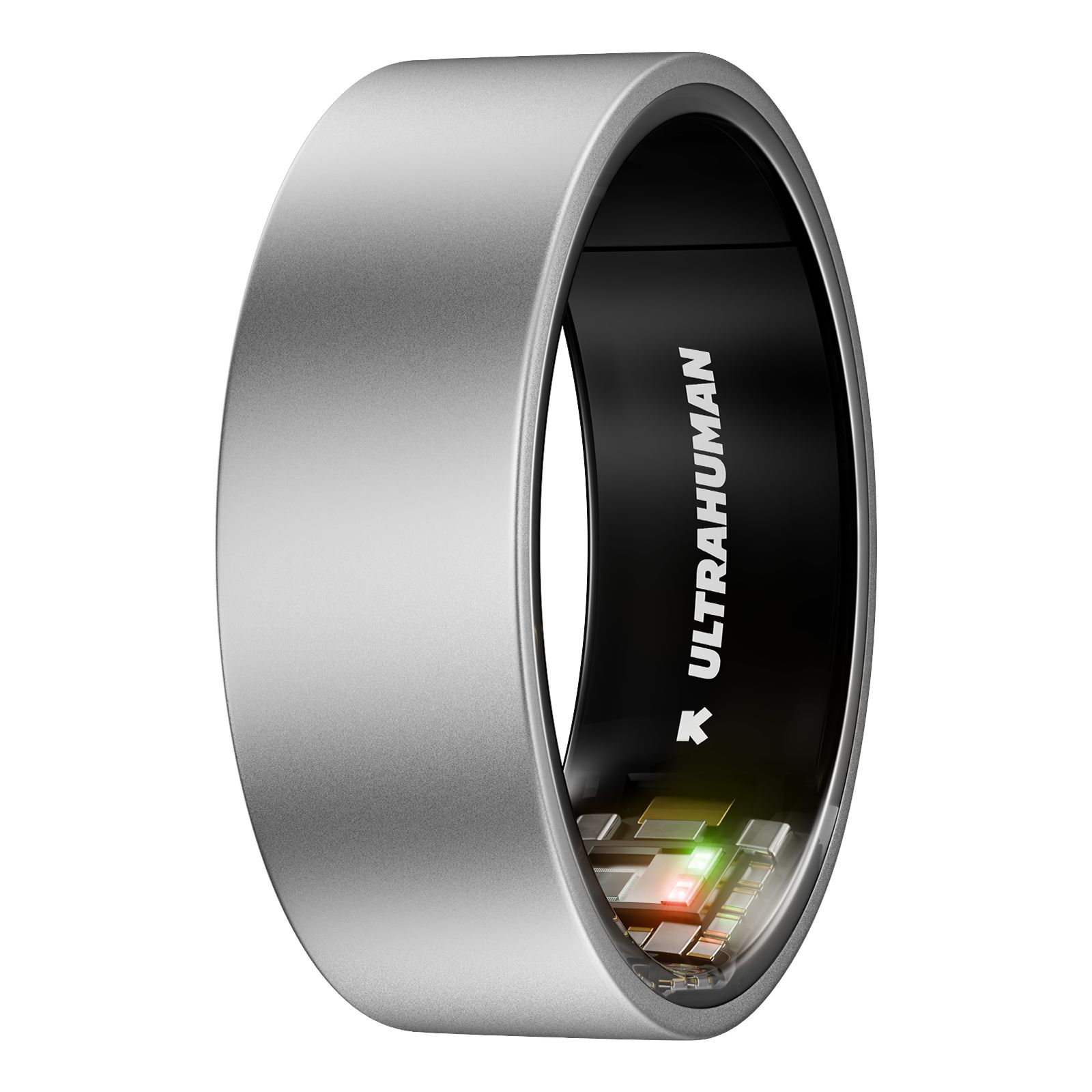 Ring aus Metall. Schwarzer Innenring mit weißem ULTRAHUMAN-Schriftzug. Grün leuchtende Elemente.