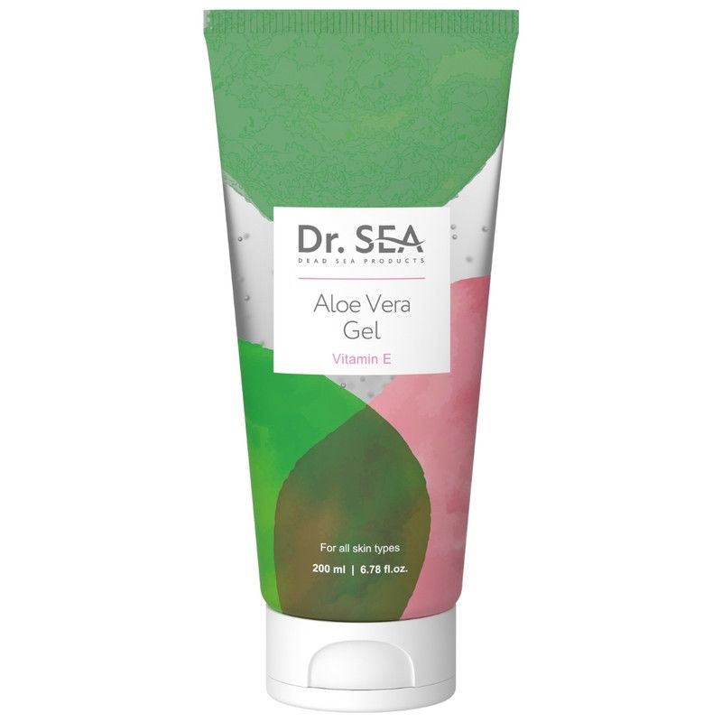 Tube aloë vera gel. Opschrift: Dr. SEA, Aloe Vera Gel, Vitamine E. Voor alle huidtypen.