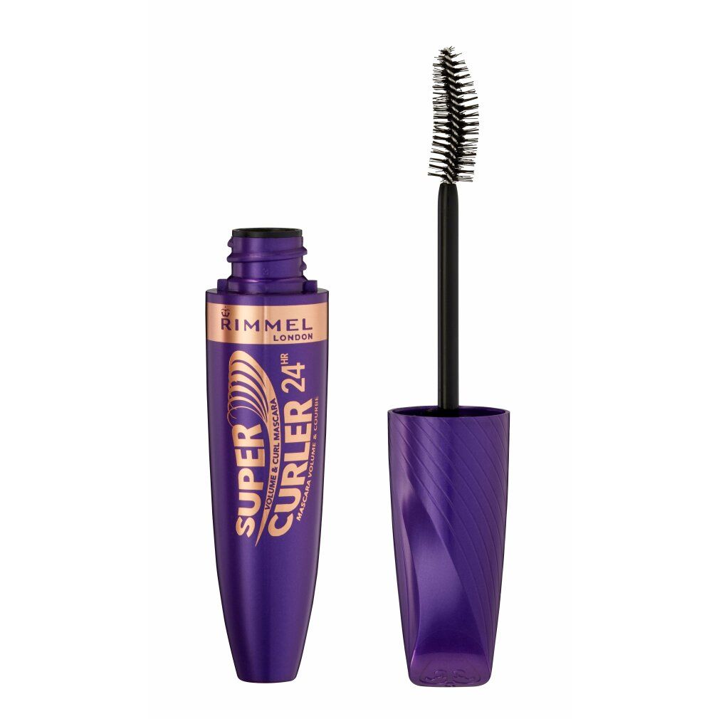 Lila Mascarabürste und -behälter. Schwarze Bürste herausgezogen. Aufschrift: Super Curler 24. Marke: Rimmel London.