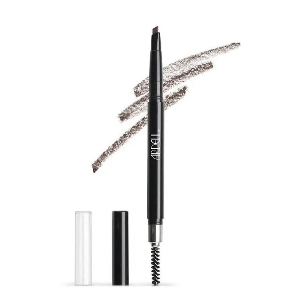 Ardell Mechanical Brow Pencil Dark Brown, Strichprobe, Bürste und Kappen. Schwarzer Stift, silberne Spitze, transparente Kappe.
