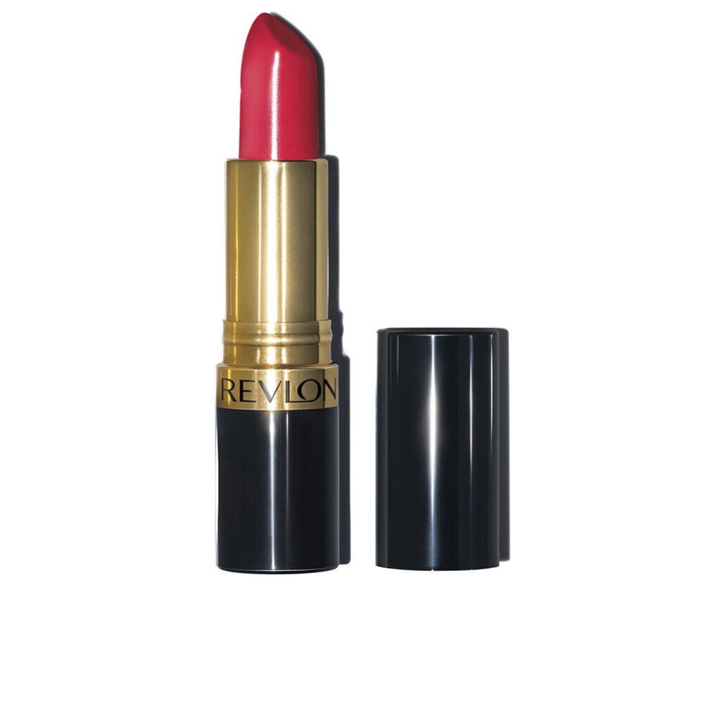 Roter Lippenstift mit geöffneter Kappe. Goldene Hülse, schwarzer Boden. Marke Revlon.