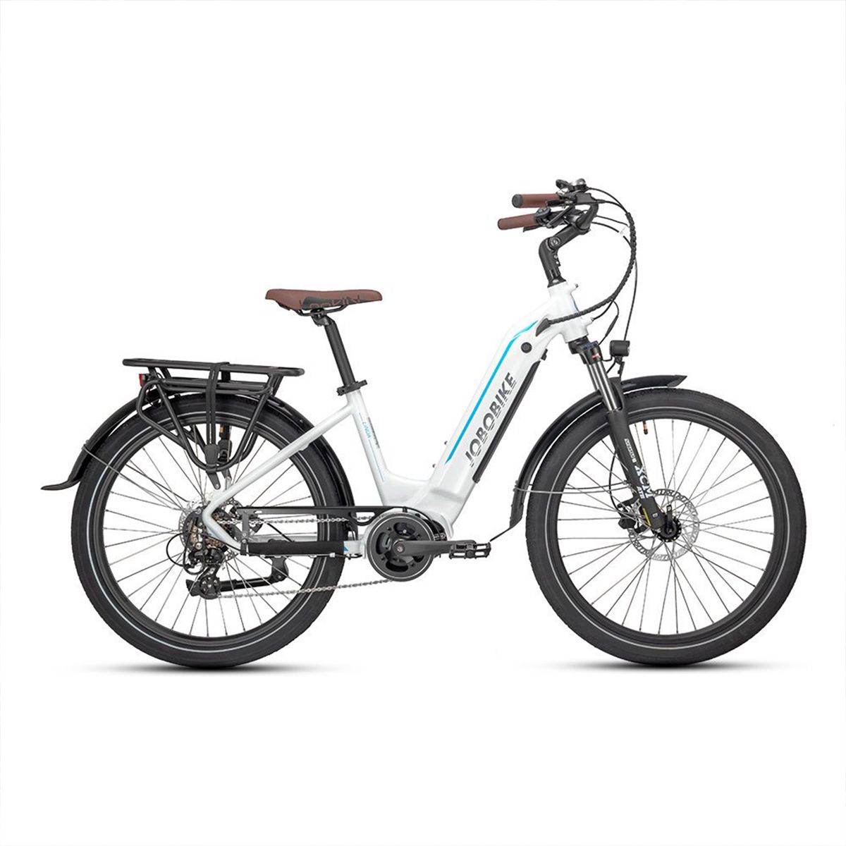 Weißes E-Bike JOBOBIKE Linda mit braunem Sattel und Lenkergriffen. Schwarze Schutzbleche und Gepäckträger. Blaue Akzentlinie.