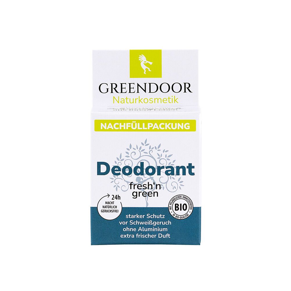 Nachfüllpackung Deodorant. Weißer Karton mit grünen und blauen Elementen. Aufschrift: GREENDOOR, Deodorant fresh'n green, BIO-Siegel.