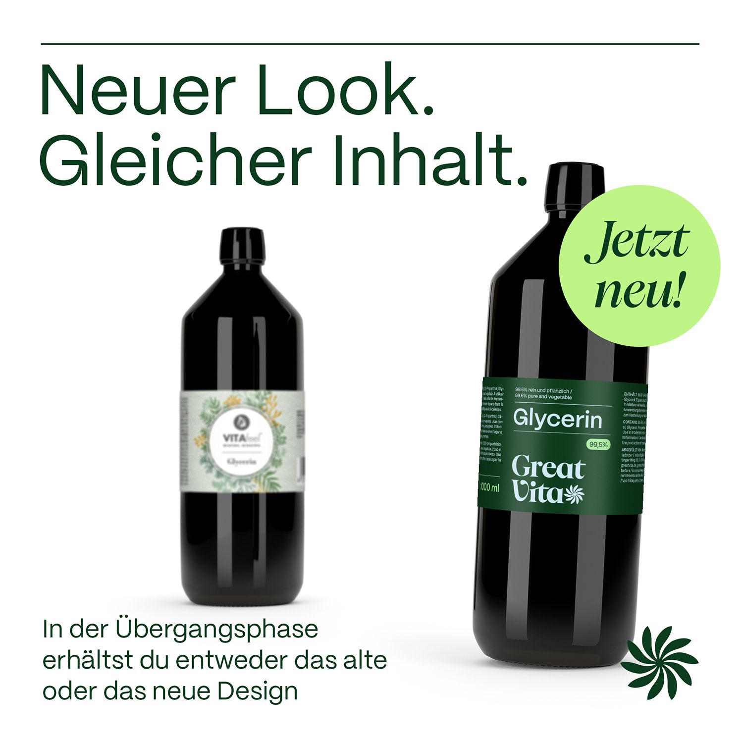 Zwei Flaschen, eine mit altem, eine mit neuem Etikett. Text: Neuer Look. Gleicher Inhalt.