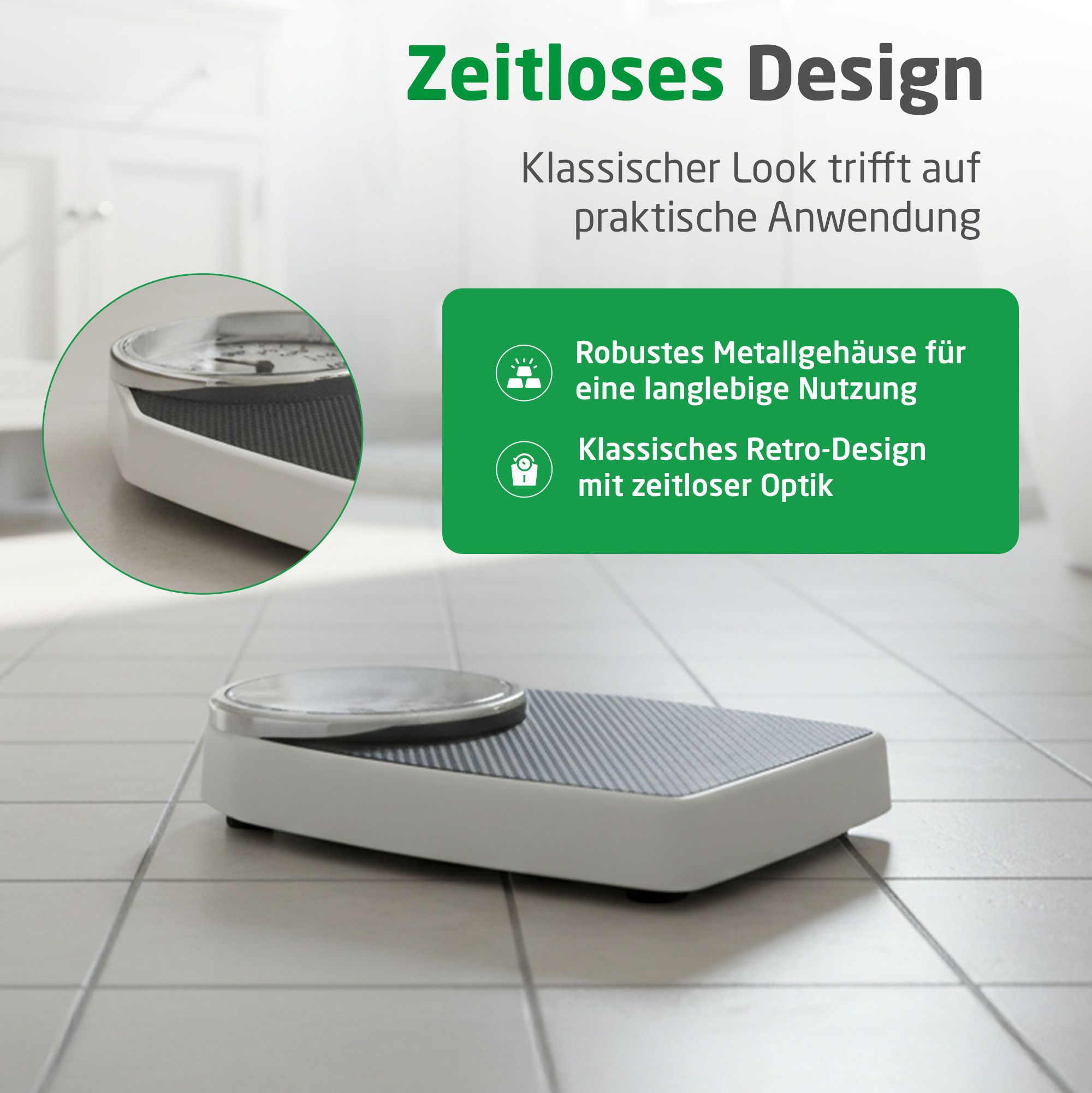 Analoge Personenwaage mit robustem Metallgehäuse und Retro-Design.