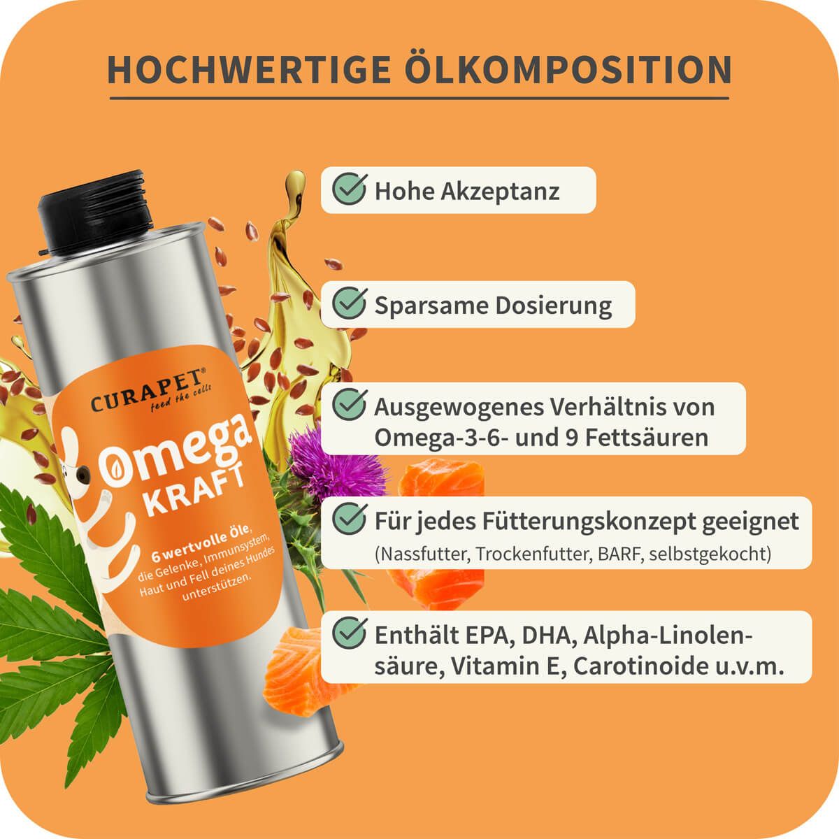 Flasche "Omega KRAFT" mit Text. Zusätzliche Elemente: Öl, Distel, Lachs, Icons mit Text.