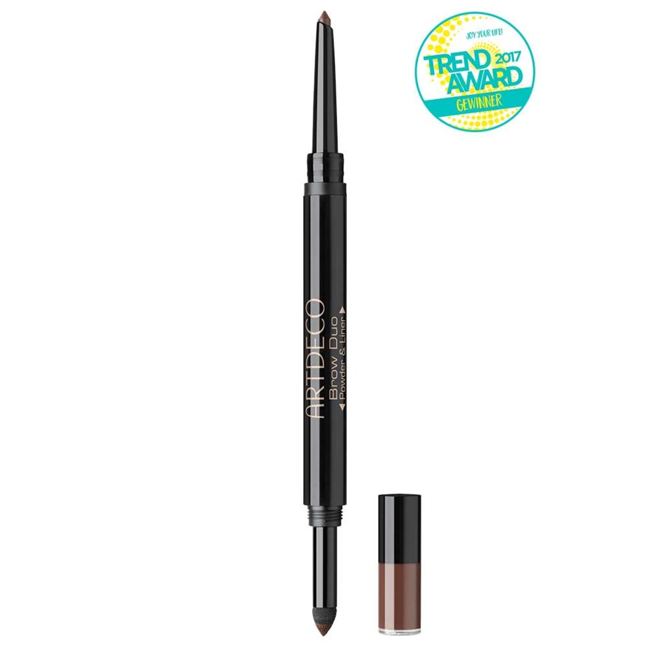 Doppelstift mit "ARTDECO Brow Duo Powder & Liner" Schriftzug. Braune Mine und Puderbehälter. Auszeichnung "Trend Award 2017".