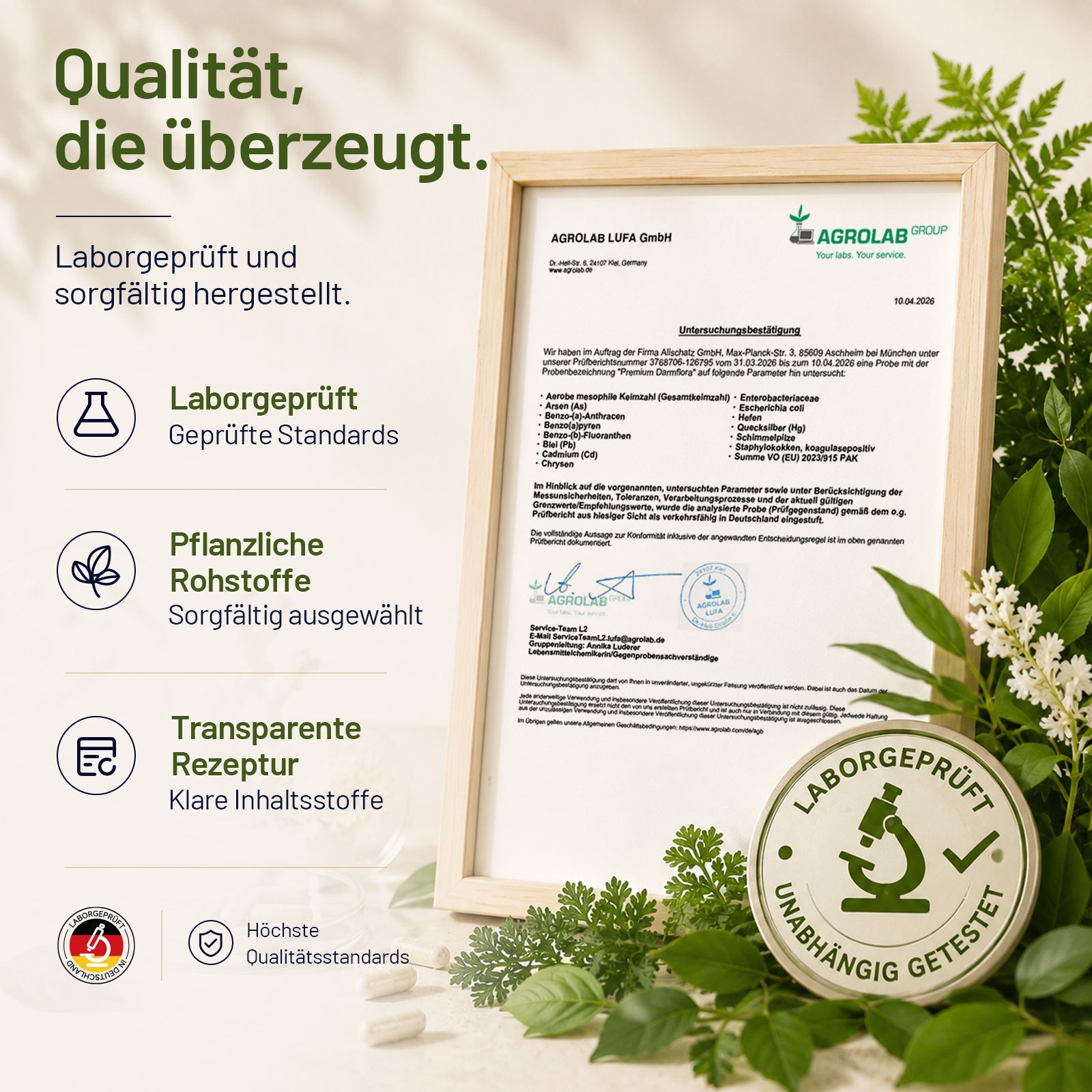 Zertifikat und Siegel, die Laborprüfung, pflanzliche Rohstoffe und hohe Qualitätsstandards belegen.