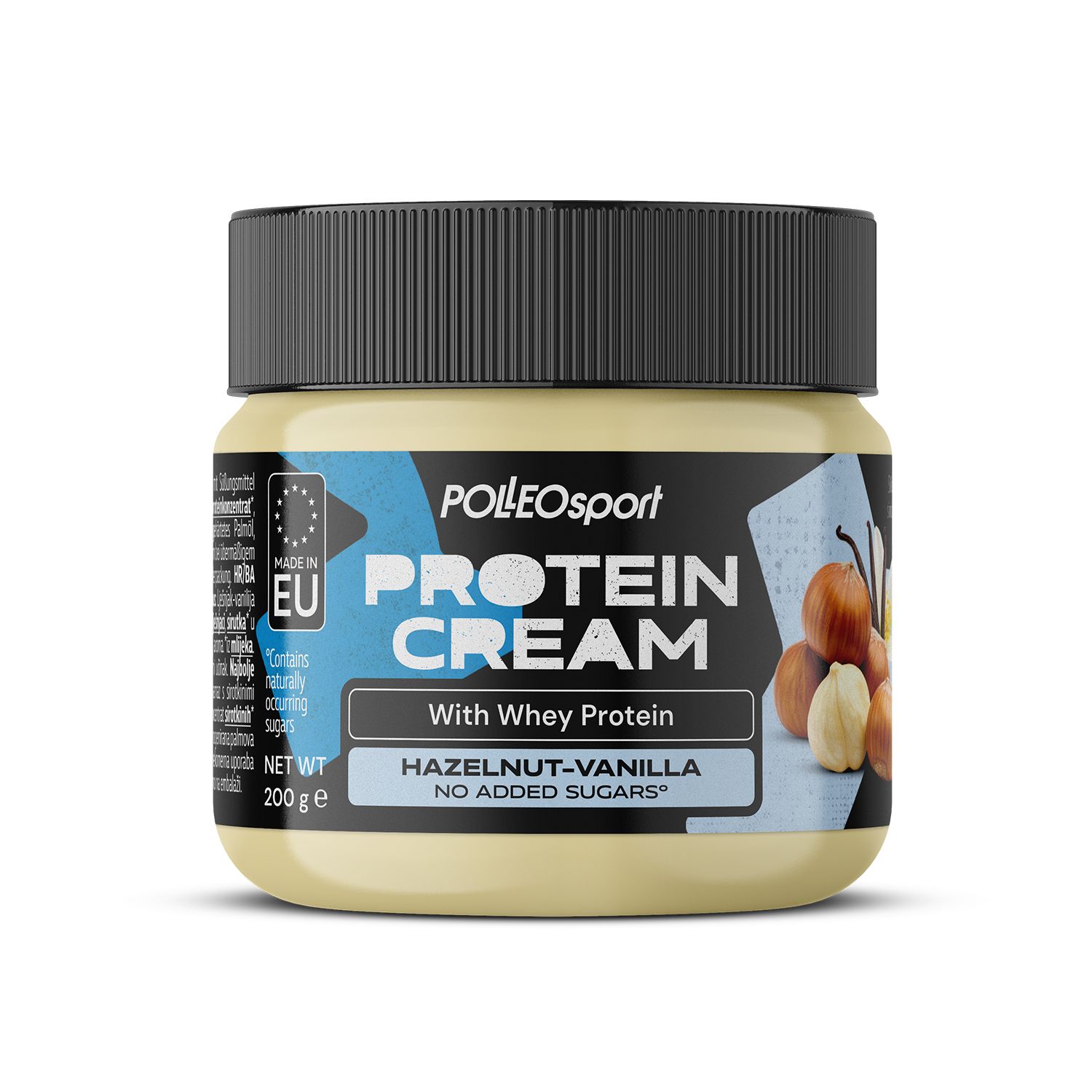 Beige Dose mit schwarzem Deckel. Aufschrift: PROTEIN CREAM, Haselnuss-Vanille, ohne Zuckerzusatz. EU-Siegel. Abbildung von Haselnüssen und Vanille.