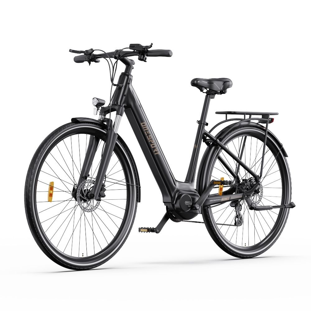 Schwarzes E-Bike mit zentralem Motor. Räder, Sattel, Gepäckträger und Lenker sind sichtbar. "ONESPORT" ist auf dem Rahmen.
