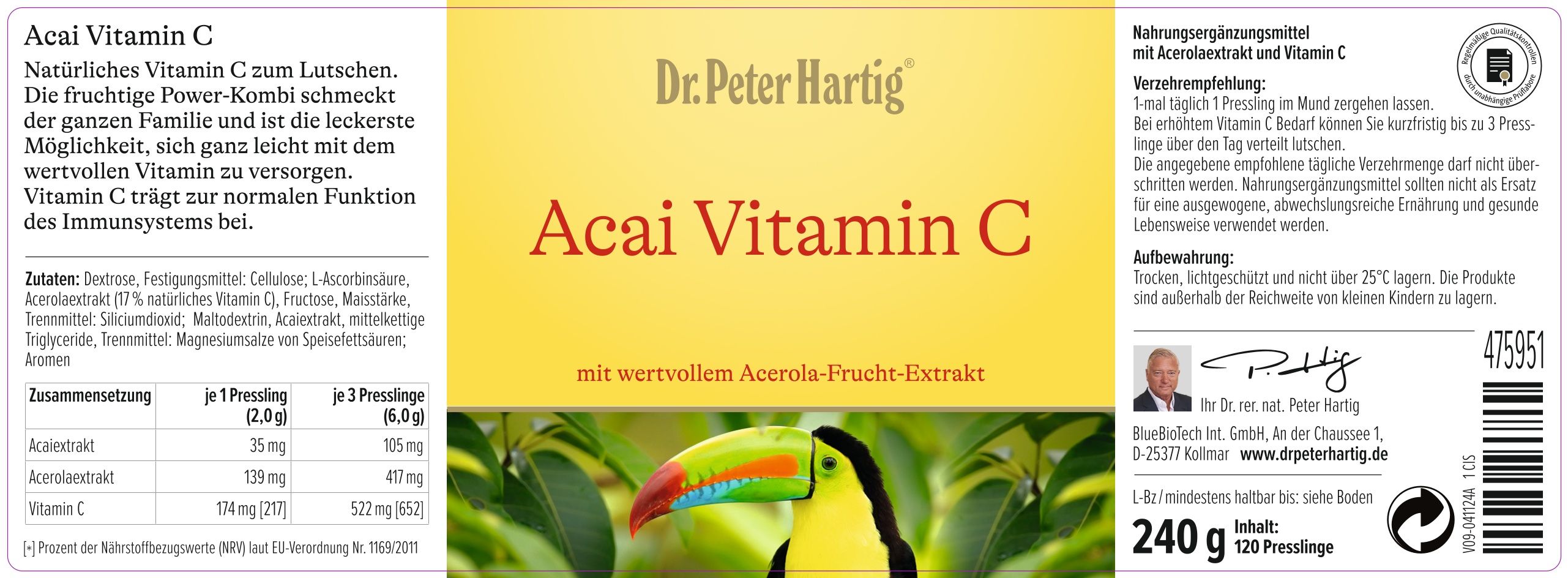 Flasche mit Tabletten, Orangen und Produkt. Flasche mit Etikett: Acai Vitamin C. Orangen in der Mitte.