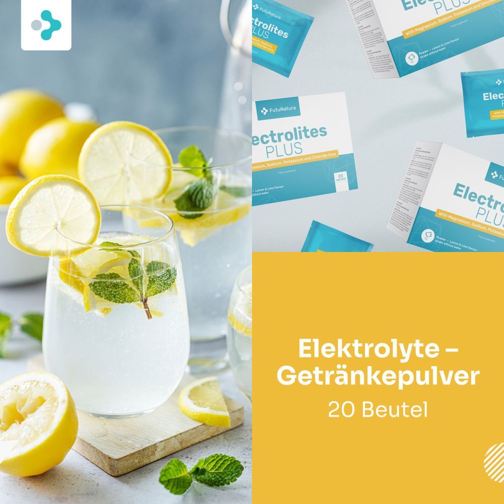Glas mit Wasser, Zitrone und Minze. FutuNatura Elektrolyte PLUS. 20 Beutel. Produktabbildung. Gelber Hintergrund. Elektrolyte-Getränkepulver.