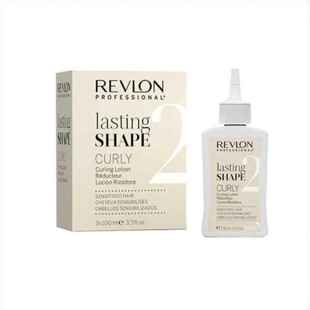 Revlon Lasting Shape 2 Curly Lotion. Eine Flasche und eine Verpackung. Weiße Flasche mit weißem Deckel. Beige Verpackung.